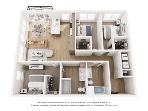 Floor plan for 3 beds, 2 baths, 1275 sqft